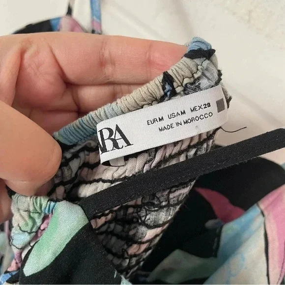 EUC Zara Linen Blend Tropical Print Corset Ruched Midi Dress Size Medium - Picture 17 of 17